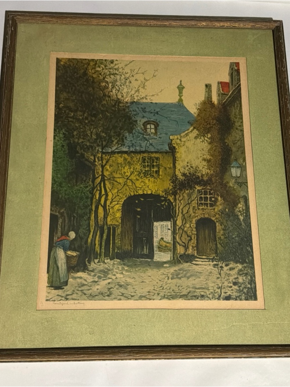 Framed Vintage Courtyard Art Print in Green and Yellow